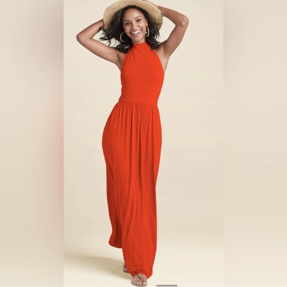 VENUS Bright Tangerine colored halter maxi dress with pockets and ties at neck